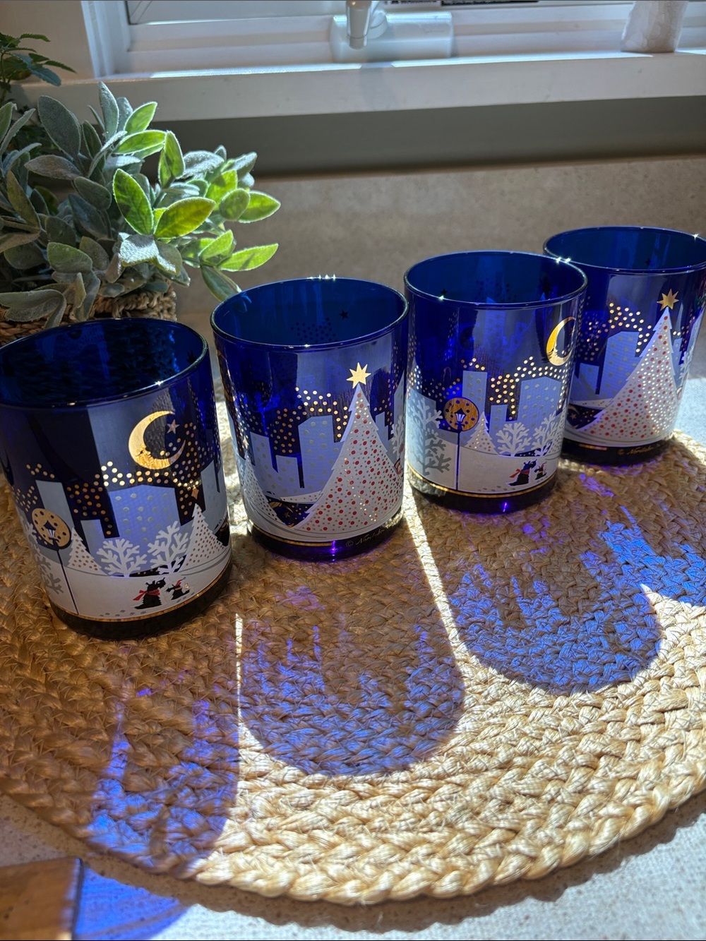 (4) Vintage Cobalt Blue Noritake 'Twas The Night Before Christmas Glasses